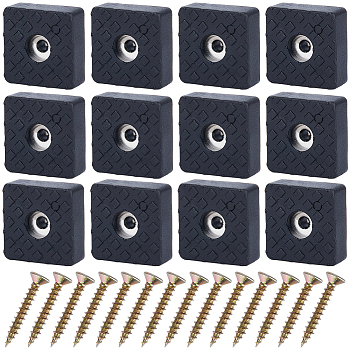 20Pcs Rubber & Stainless Steel Screw in Furniture Pads, Chair Leg Floor Protector, Square, with 24Pcs Carbon Steel Wood Screws, Black, 30x30x11mm, Hole: 3.5~5mm, Inner Diameter: 10.5mm