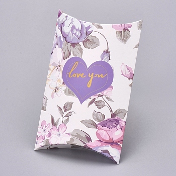Paper Pillow Boxes, Gift Candy Packing Box, Flower Pattern & Word Love You, White, Box: 12.5x7.6x1.9cm, Unfold: 14.5x7.9x0.1cm