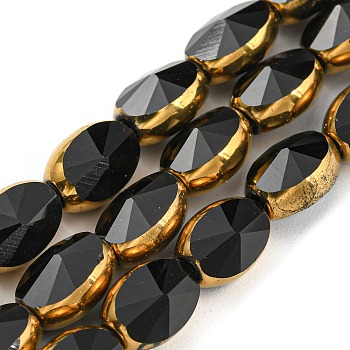 Electroplate Glass Beads Strands, with Golden Plated Edge, Faceted Oval, Black, 8~9x6.5x5mm, Hole: 1.2mm, about 37pcs/strand, 23.78 inch(60.4cm)