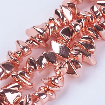 Electroplate Non-magnetic Synthetic Hematite Beads Strands, Chip, Grade AA, Rose Gold Plated, 5~12x3~7mm, Hole: 0.5mm, about 97pcs/strand, 13.7 inch