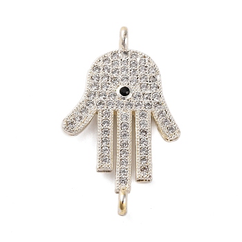 Rack Plating Brass Micro Pave Clear Cubic Zirconia Religion Hamsa Hand Connector Charms, Cadmium Free & Lead Free, Long-Lasting Plated, Platinum, 30x18x4mm, Hole: 1.8mm