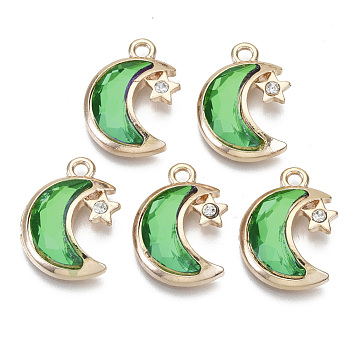 Glass Rhinestone Pendants, with Light Gold Plated Brass Plain Edge Bezel Cups, Faceted, Moon, Peridot, 19x14x4mm, Hole: 1.8mm