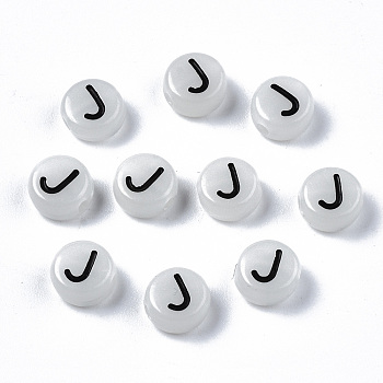 Acrylic Beads, with Enamel and Luminous, Horizontal Hole, Flat Round with Black Letter, Glow in the Dark, Light Grey, Letter.J, 7x3.5mm, Hole: 1.5mm, about 3600~3700pcs/500g