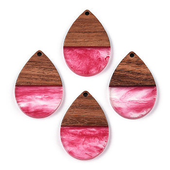 Transparent Resin & Walnut Wood Pendants, Teardrop Charms, Cerise, 36x24.5x3.5mm, Hole: 2mm