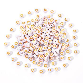 White Opaque Acrylic Beads, Flat Round with Heart & Flower & Moon & Star, Goldenrod, 7x4mm, Hole: 1.6mm, 200pcs/set