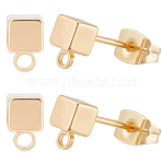 10Pairs Brass Stud Earring Findings, with 925 Sterling Silver Pins & Horizontal Loops, Cube, with 20Pcs Brass Friction Ear Nuts, Real 14K Gold Plated, 6.5x4mm, Hole: 1mm, Pin: 0.7mm(KK-BBC0011-31)