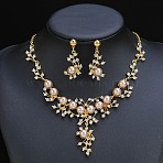 Flower Alloy & Plastic Pearl & Crystal Rhinestone Pendant Necklaces & Stud Dangle Earrings Sets, Golden, 500mm(FS-WG18295-02)
