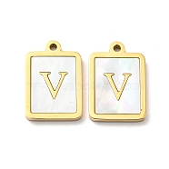 304 Stainless Steel Pave Shell Pendants, Rectangle Charms with Letter V, Real 14K Gold Plated, 18x12x2mm, Hole: 1.4mm(STAS-L022-065G-V)
