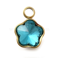 304 Stainless Steel Pendants, with Rhinestone, Real 18K Gold Plated, Ion Plating(IP), Star, Aquamarine, 10x7.5x4mm, Hole: 1.8mm(STAS-Q346-02G-03)