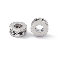 Brass Spacer Beads, with Jet Rhinestone, Flat Round, Platinum, 7x3~3.7mm, Hole: 3.4mm(KK-E068-VD011-5)