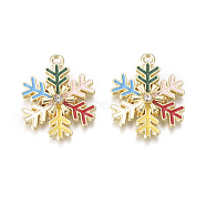 Golden Plated Alloy Pendants, with Enamel & Crystal Rhinestone, Snowflake, for Christmas, Colorful, 23.5x19x3.5mm, Hole: 1.6mm(PALLOY-L228-005G)
