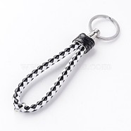 Braided PU Leather Keychain, with Platinum Plated Iron Findings, Black & white, 130mm(KEYC-J100-04)