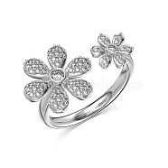 Flower Rhodium Plated 925 Sterling Silver Micro Pave Clear Cubic Zirconia Open Cuff Rings for Women, Real Platinum Plated, Inner Diameter: 16.2mm(RJEW-Q816-04P)