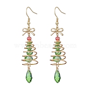 Christmas Tree with Bowknot Brass Wired Glass Dangle Earrings, with 304 Stainless Steel Earring Hooks, Silver, Lime Green, 69x15mm(EJEW-JE06125)