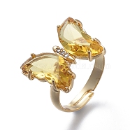Adjustable Brass Glass Finger Rings, with Clear Cubic Zirconia, Butterfly, Golden, Pale Goldenrod, Size 7, Inner Diameter: 17mm(RJEW-P148-A01-10)