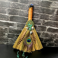 Straw Witch Altar Broom Display Decoration with Raw Natural Labradorite Chips, Tree of Life Peacock Feathers for Altar Ornaments, 320x190mm(WG15595-05)