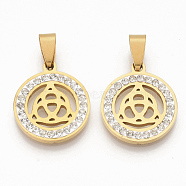 201 Stainless Steel Filigree Pendants, Flat Round with Triquetra, with Random Size Snap On Bails and Polymer Clay Crystal Rhinestones, Golden, 23x20x2.5mm, Hole: 8~10x3~5mm(STAS-N089-38G)