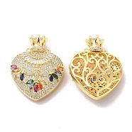 Brass Micro Pave Cubic Zirconia 2-Loop Pendants, Heart with Crown Charm, Golden, Colorful, 35x27.5x9.5mm, Hole: 1.5mm(KK-A180-22G)
