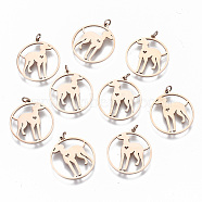 304 Stainless Steel Pendants, with Jump Rings, Laser Cut, Ring with Dog, Rose Gold, 16.5x15x1mm, Jump Ring: 3x0.4mm, 2.2mm inner diameter(STAS-S116-042RG)