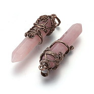 Natural Rose Quartz Pointed Pendants, with Red Copper Plated Brass Findings, Bullet, 57~60x16mm, Hole: 8x5mm(G-O164-02C)