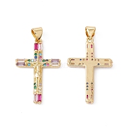 Rack Plating Brass Micro Pave Cubic Zirconia Pendants,  Cadmium Free & Nickel Free & Lead Free, Real 18K Gold Plated, Crucifix Cross, Colorful, 28x18x2mm, Hole: 5x3.5mm(X-ZIRC-C040-46G-01)