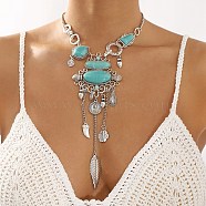 Alloy & Risin Imitation Turquoise Flower Bib Necklaces, Feather Tassel Necklaces for Women, Antique Silver, 17.32 inch(44cm)(NJEW-L046-03AS)