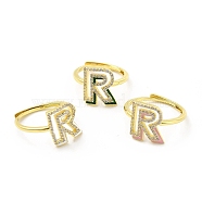 Mixed Color Enamel Initial Letter Adjustable Ring with Clear Cubic Zirconia, Real 18K Gold Plated Brass Jewelry for Women, Cadmium Free & Lead Free, Letter.R, US Size 5 1/4(16mm), Letter.R: 13x11.5mm(RJEW-P045-01G-R)