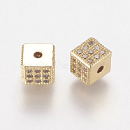 Brass Micro Pave Cubic Zirconia Beads, Cube, Nickel Free & Lead Free & Cadmium Free, Clear, Golden, 6x6x6mm, Hole: 1.5mm(ZIRC-L067-33-G-NR)
