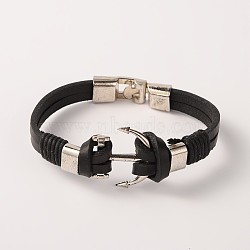 Leather Alloy Anchor Links Bracelets, with Snap Lock Clasps, Platinum, Black, 215x9~12x7mm(BJEW-J108-02B)