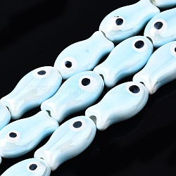 Handmade Porcelain Ceramic Beads Strands, Bright Glazed Porcelain, Fish, Light Cyan, 19x10x8mm, Hole: 1.5mm, about 17pcs/strand, 12.40 inch(31.5cm)(PORC-T006-03O)