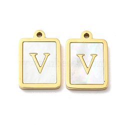 304 Stainless Steel Pave Shell Pendants, Rectangle Charms with Letter V, Real 14K Gold Plated, 18x12x2mm, Hole: 1.4mm(STAS-L022-065G-V)