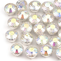 Sew On Rhinestone, Glass Rhinestone, with Brass Prong Settings, Garments Accessories, Flat Round, Silver Color Plated, Crystal AB, 7x5mm, hole: 1.2mm(RB-T007-SS30-01S)