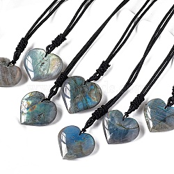 Natural Labradorite Heart Pendant Necklaces, Adjustable Black Cord Braided Necklaces, Heart: 25~30mm(PW-WG04E68-01)