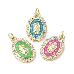 Brass Micro Pave Cubic Zirconia Pendants, with Enamel & Shell, Long-Lasting Plated, Lead Free & Cadmium Free, Real 18K Gold Plated, Oval with Virgin Mary, Mixed Color, 19.5x12.5x3mm, Hole: 3mm(KK-K385-023G)