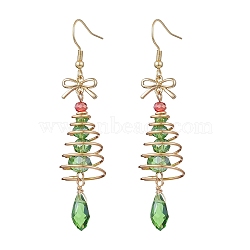 Christmas Tree with Bowknot Brass Wired Glass Dangle Earrings, with 304 Stainless Steel Earring Hooks, Silver, Lime Green, 69x15mm(EJEW-JE06125)