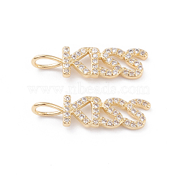 Brass Micro Pave Clear Cubic Zirconia Pendants, Long-Lasting Plated, Word Kiss, for Valentine's Day, Real 18K Gold Plated, 23.5x7x1.6mm, Hole: 3x4mm(X-ZIRC-L093-74G)