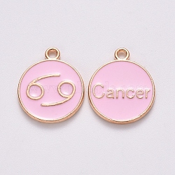 Alloy Enamel Pendants, Cadmium Free & Lead Free, Flat Round with Constellation, Light Gold, Pink, Cancer, 15x12x2mm, Hole: 1.5mm(X-ENAM-S124-01B-09D)