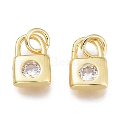 Brass Micro Pave Cubic Zirconia Charms, with Jump Ring, Lock, Golden, Clear, 8.5x5.5x2.5mm, Hole: 1.5mm, Jump rings: 3.5x0.8mm(KK-M206-32G-04)