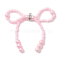 Glass Seed & Imitation Pearl Big Pendants, Bowknot Charms, Pearl Pink, 59~60x40~42x6mm, Hole: 1.2mm(PALLOY-MZ00185-02)