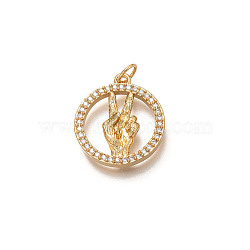 Brass Micro Pave Clear Cubic Zirconia Pendants, with Jump Rings, Long-Lasting Plated, Flat Round with Victory, Clear, Real 18K Gold Plated, 20x18x4mm, Hole: 3.5mm(X1-ZIRC-H107-07G)