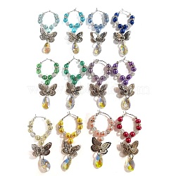 Brass Butterfly Wine Glass Charms, with Glass Teardrop and Brass Wine Glass Charm Rings, Mixed Color, 68mm, 12pcs/box(AJEW-SC0002-53)