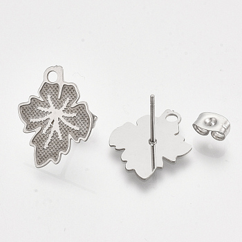 304 Stainless Steel Stud Earring Findings, with Ear Nuts/Earring Backs, Leaf, Stainless Steel Color, 18x14.5mm, Hole: 1.8mm, Pin: 0.7mm