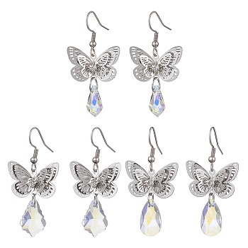 3 Pairs 3 Size Filigree 3D Butterfly Brass Dangle Earrings, Glass Teardrop Drop Earrings, Platinum, 46~64x23mm, 1 Pair/size