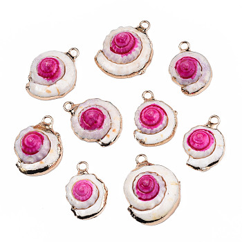 Shell Pendants, with Golden Plated Brass Edge and Loop, Dyed, Deep Pink, 22~27x15.5~21x7~12mm, Hole: 2mm