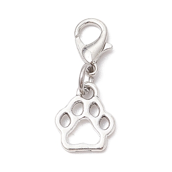 10Pcs Dog Paw Print Tibetan Style Alloy Pendant Decorations, Lobster Claw Clasps Charms for Bag Ornaments, Antique Silver & Platinum, 27mm