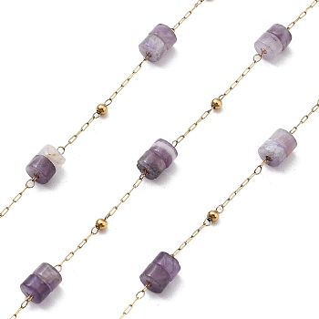 Ion Plating(IP) 304 Stainless Steel Chains, with Natural Amethyst Beaded, Real 18K Gold Plated, Soldered, with Spool, Polished, 4x2mm, about 32.81 Feet(10m)/Roll