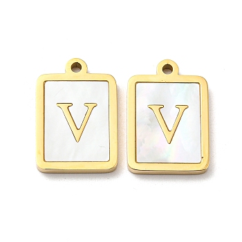 304 Stainless Steel Pave Shell Pendants, Rectangle Charms with Letter V, Real 14K Gold Plated, 18x12x2mm, Hole: 1.4mm