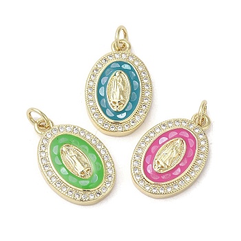 Brass Micro Pave Cubic Zirconia Pendants, with Enamel & Shell, Long-Lasting Plated, Lead Free & Cadmium Free, Real 18K Gold Plated, Oval with Virgin Mary, Mixed Color, 19.5x12.5x3mm, Hole: 3mm