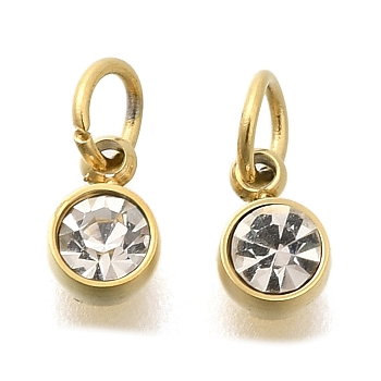 Ion Plating(IP) 304 Stainless Steel Pendants, with Rhinestone, Flat Round, Real 14K Gold Plated, 6x4x3mm, Hole: 3mm