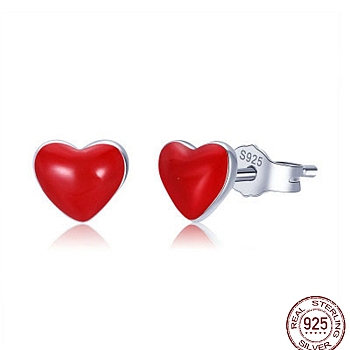 Rhodium Plated 925 Sterling Silver Enamel Stud Earrings, Heart, with 925 Stamp, Real Platinum Plated , Red, 5x6mm